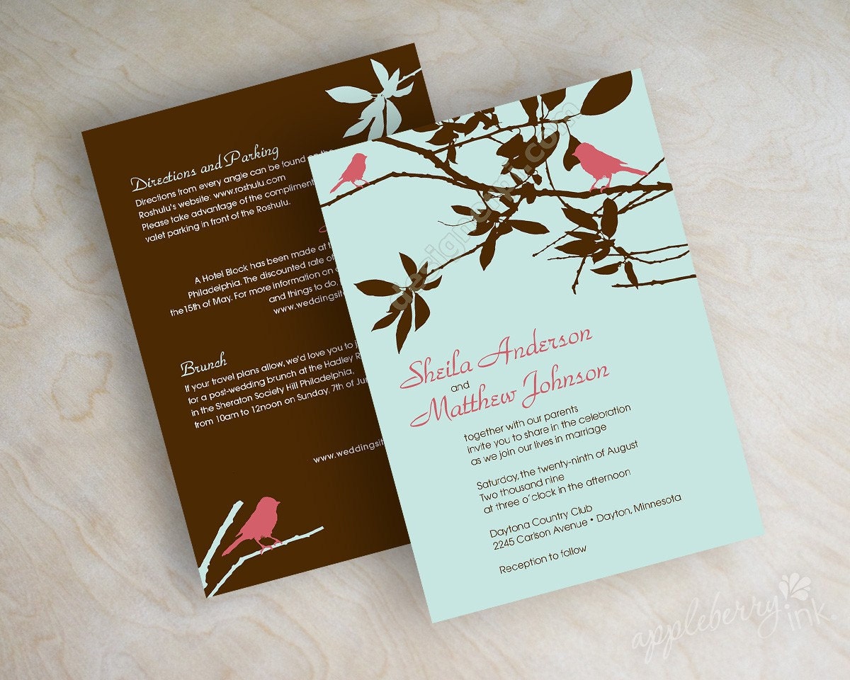 Wedding invitations, birds on tree branches in light tiffany blue and dark chocolate brown