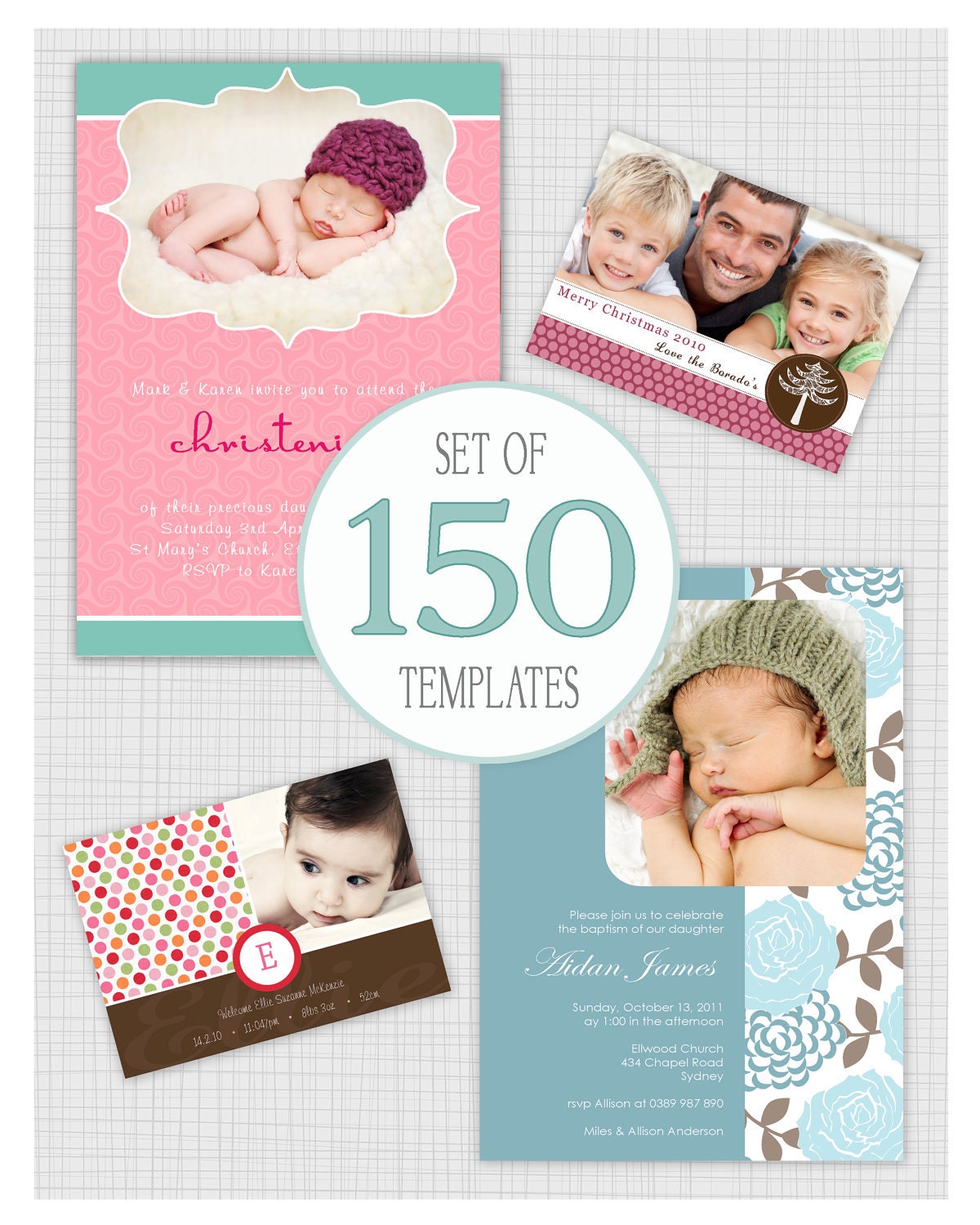 Commercial Pack of 150 Photo templates. Bulk Pack 2. Includes Birth Announcements, Christening and Birthday Invitations, Christmas Cards. Il_170x135