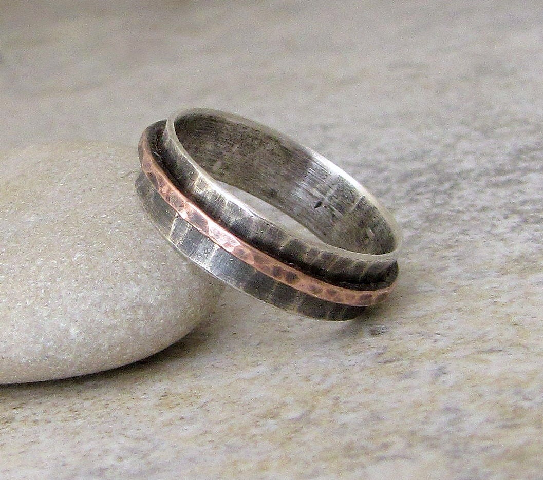 Mens Wedding Ring Hammered Silver Band Oxidized Copper Spinner Rustic Band