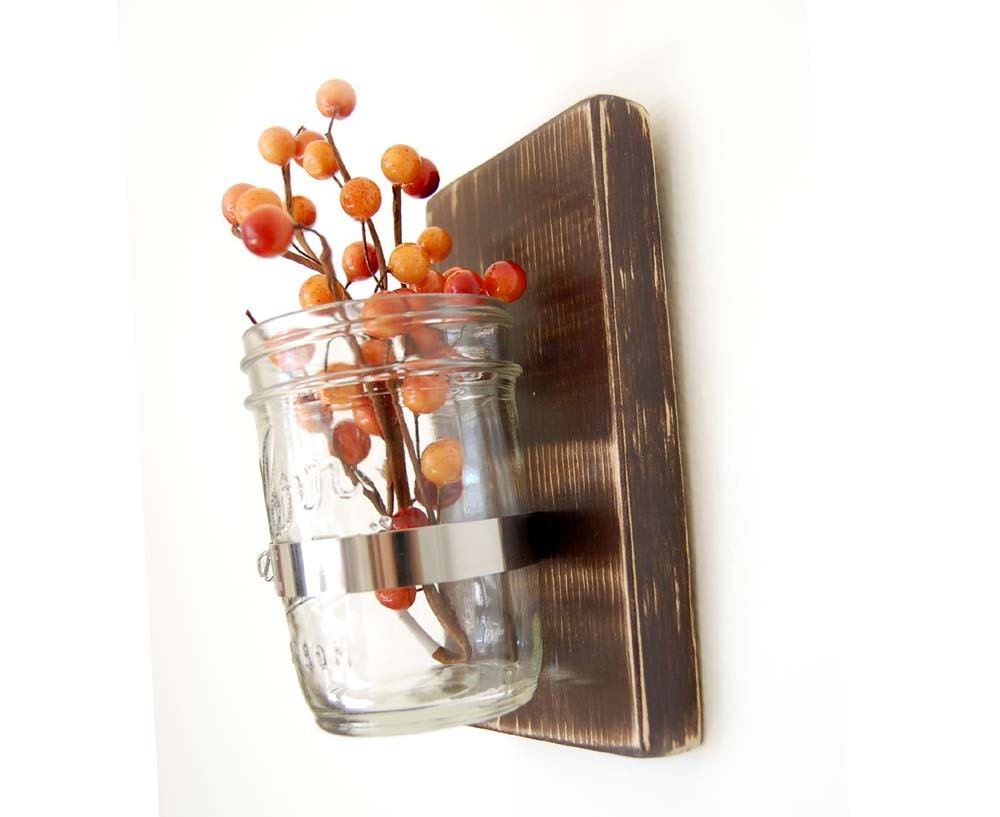 Country cottage mason jar wood wall decor flower single vase primitive -- Chocolate Brown Espresso