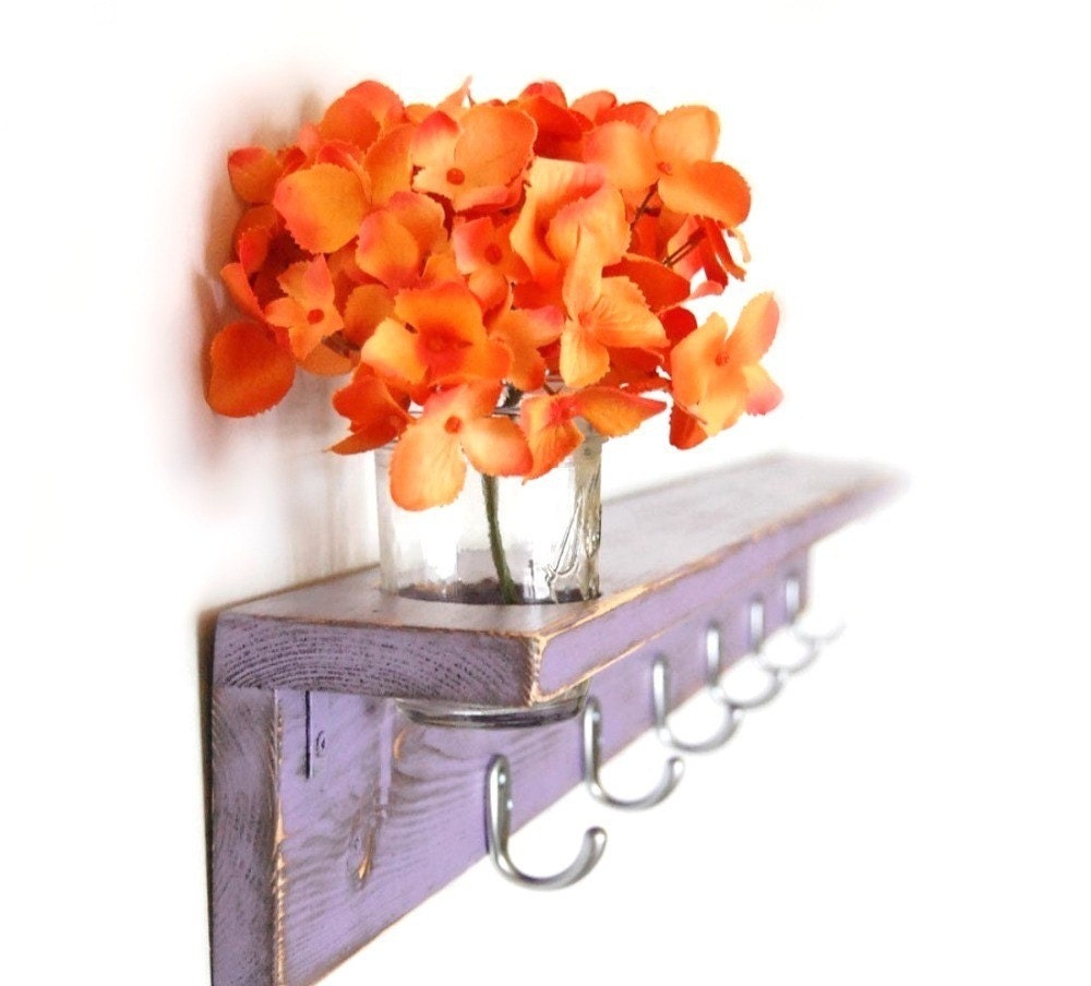 Wood shelf Shabby chic furniture coat hanger Purple Lilac silver hooks 36"