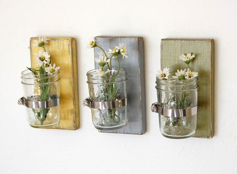 Shabby chic vases sconce mason jar wood vase wall decor cottage decor - set of THREE