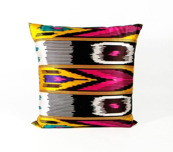 Vintage Ikat Pillow - 1980's Gold Ultramarine Teal Hotpink - 18 x 18