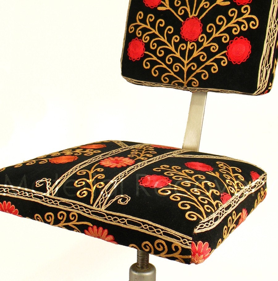 Suzani Office Chair - Blooming Pomegranate Tree - 1950's Black Velvet