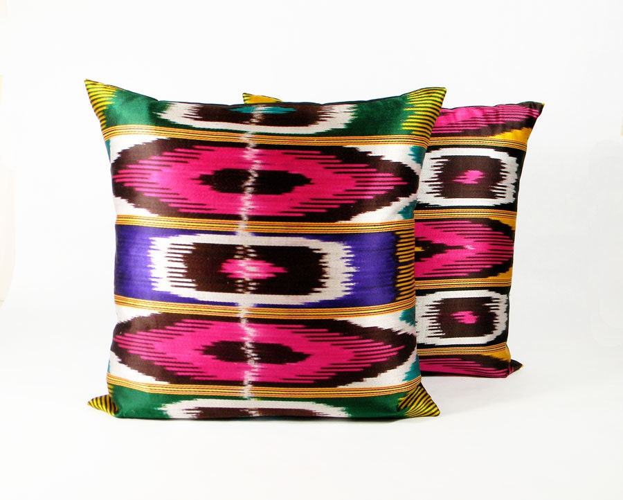 Vintage Ikat Pillow - 1980's Gold Ultramarine Teal Hotpink - 18 x 18