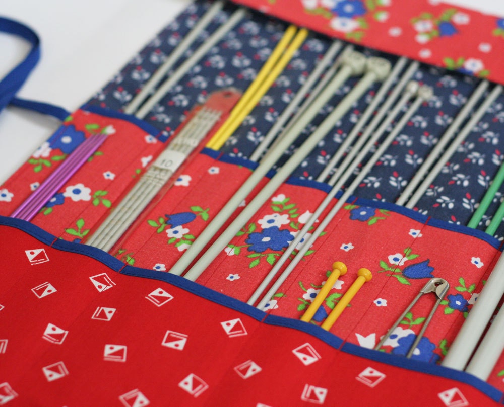 Knitting Needle Roll, Knitting Needle Organizer, Knitting Needle Case, Retro Red by Knotted Nest on Etsy