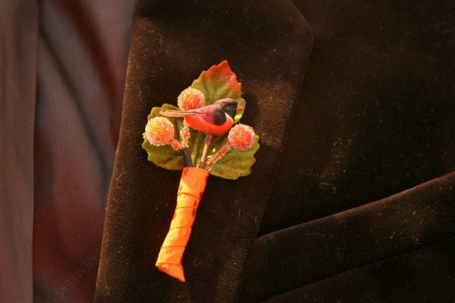 Tangerine Bird and Berry Boutonniere