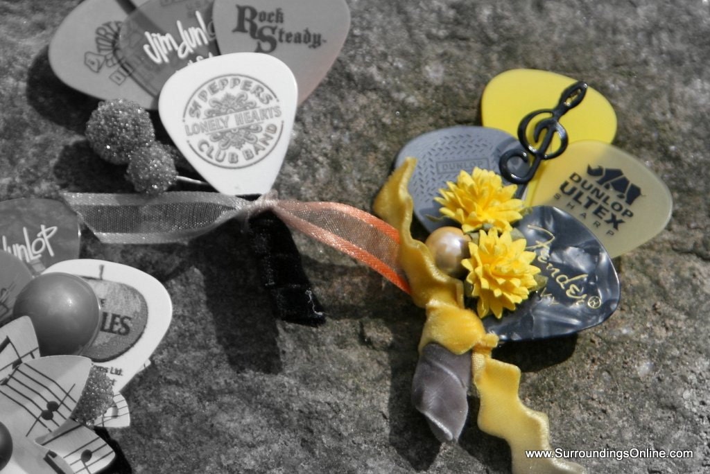 Yellow and Gray Guitar Pick Boutonniere