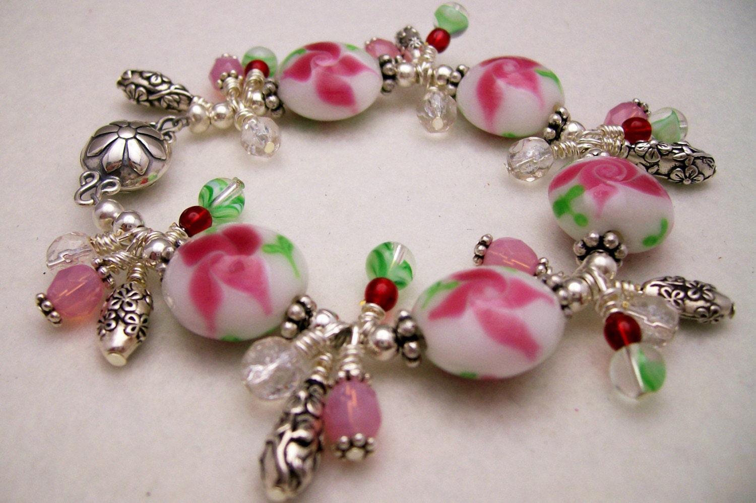 Wild Rose Lampwork Bracelet 7"