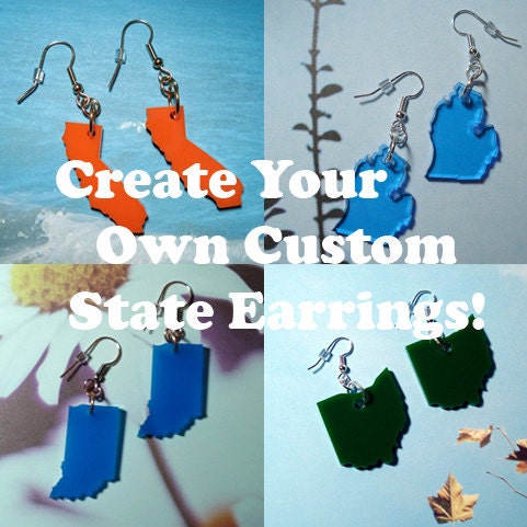 Personalized Jewelry Custom State Earrings Customizable Jewelry in Acrylic - Pick Color, Hooks, and State by purpleandlime