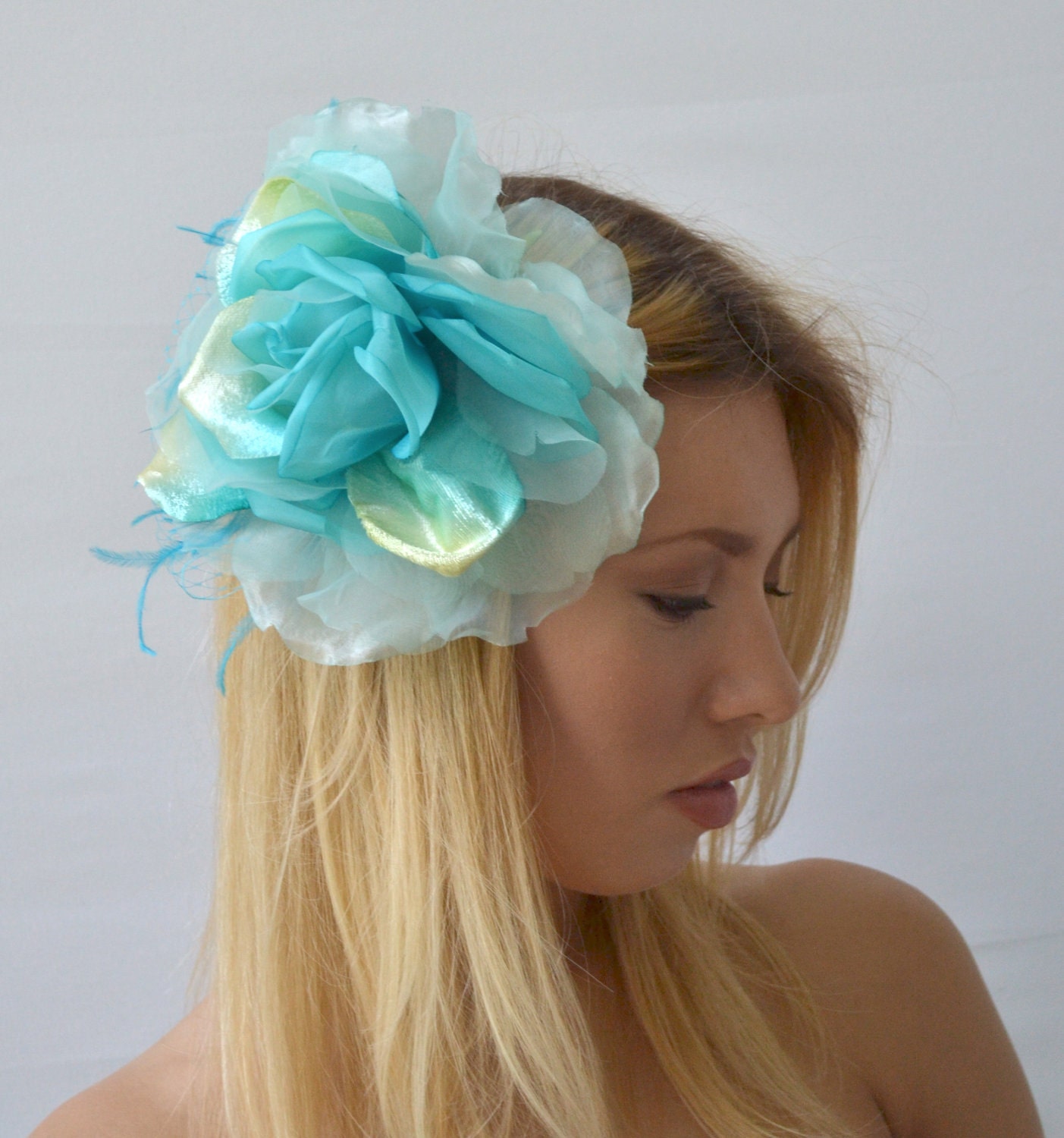 Turquoise Flower Clip - Giant Blue Rose Hair Accessory - Gift for Her