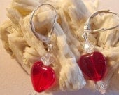 Red Heart Earrings, Czech Glass,  Ruby,  Vintage Crystal , Sterling Silver