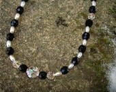Black, Crystal, Pearl, Beaded Necklace, Czech Glass, Vintage Rhinestone Clasp