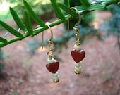 Red Jasper Hearts Drop Earrings, Czech Glass, Gold