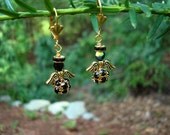 Angel Dangle Earrings, Swarovski Crystal, Rhinestones, Black, Gold Vermeil