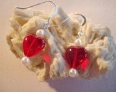 Red Heart Earrings, Czech Glass,  Pearls, Ruby, White, Sterling Silver