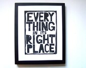 LINOCUT PRINT - Everything in its right place BLACK letterpress typography poster 8x10