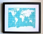 PRINT - world map - robins egg blue linocut 8X10 letterpress poster
