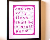 LINOCUT PRINT - Your very flesh shall be... LETTERPRESS hot pink poster 8x10 Walt Whitman
