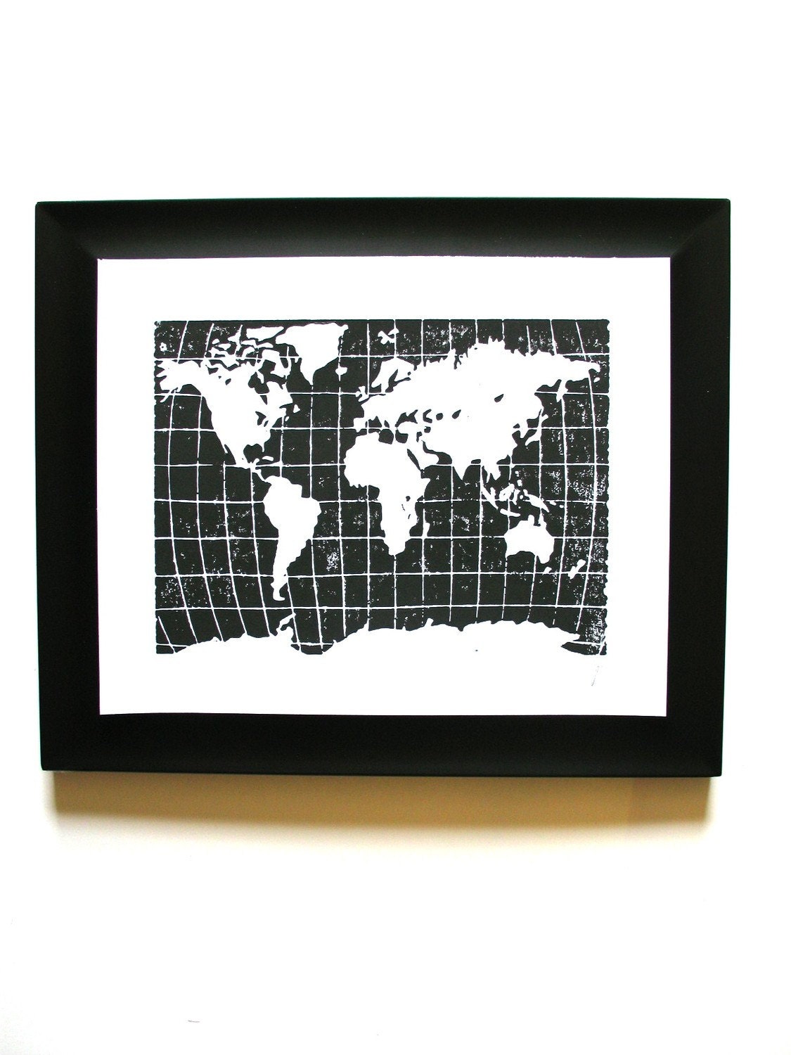 LINOCUT PRINT - world map BLACK 8x10 letterpress poster