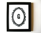 PRINT - Antique oval frame - Custom wedding monogram BLACK LINOCUT letterpress 8x10