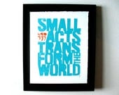 LINOCUT PRINT - Small acts BLUE typography letterpress poster 8x10