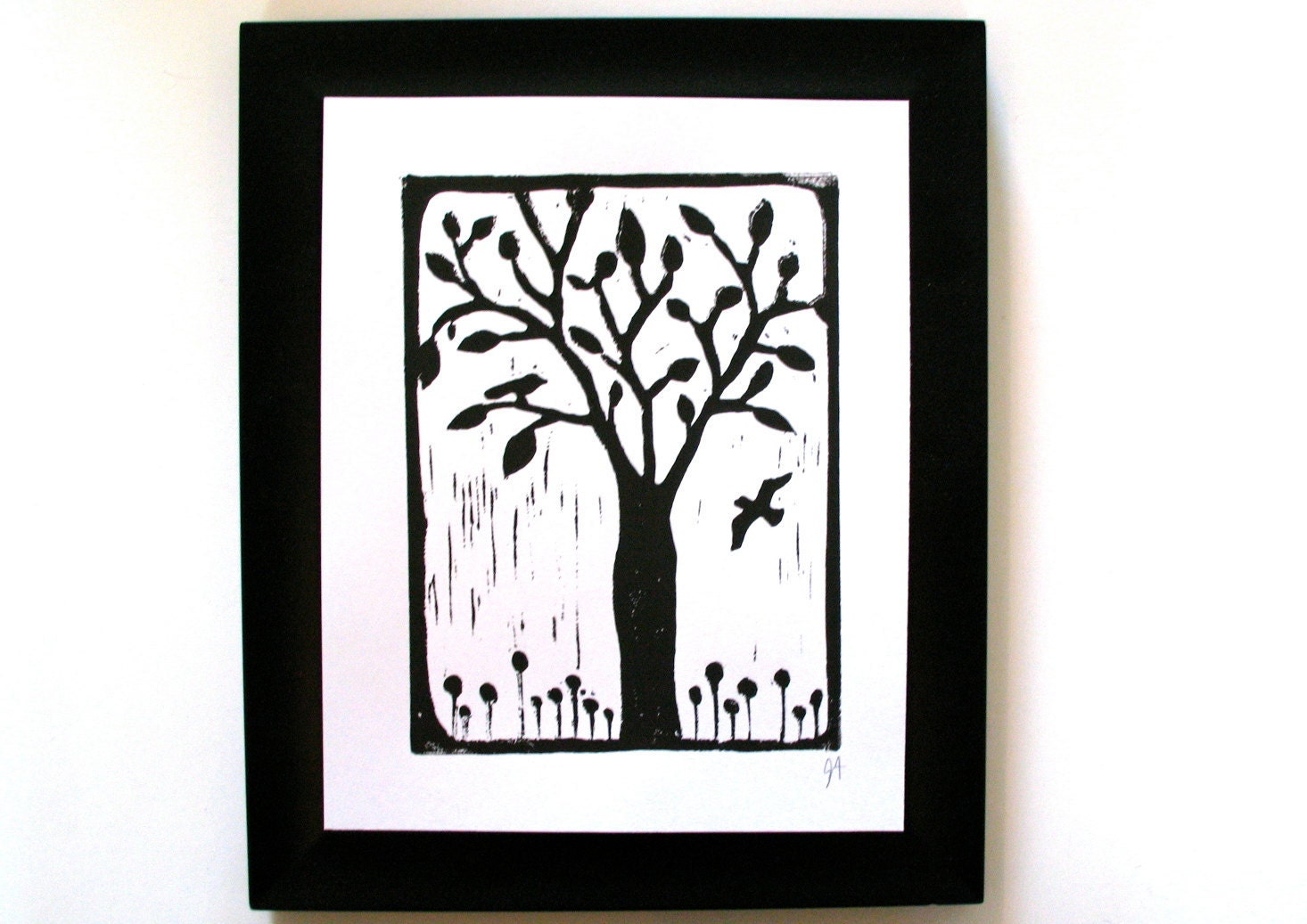 LINOCUT PRINT - Tree w/ birds BLACK linocut block print 8x10