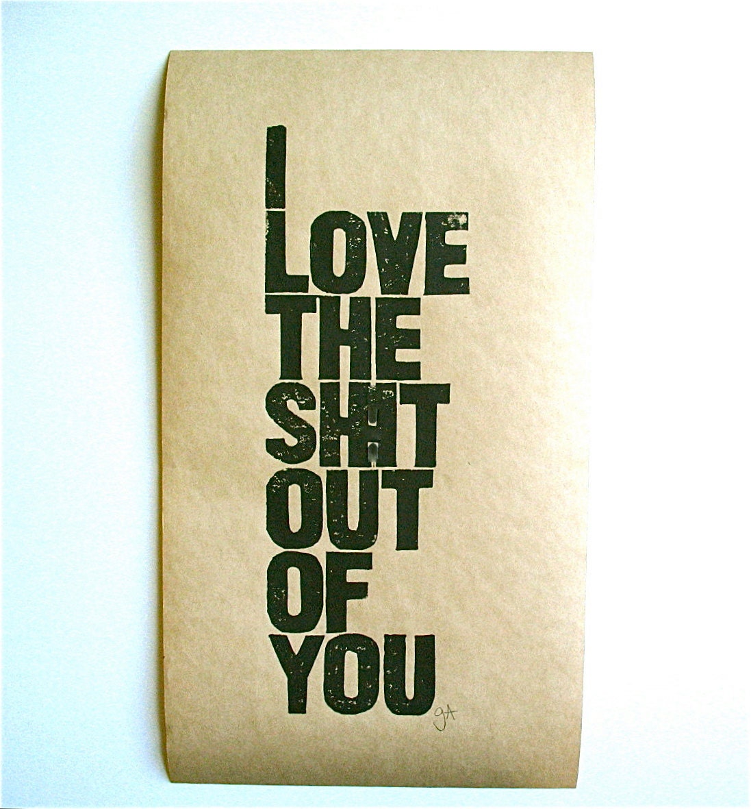 POSTER - I love you... BLACK LINOCUT typography print 10x18 on kraft