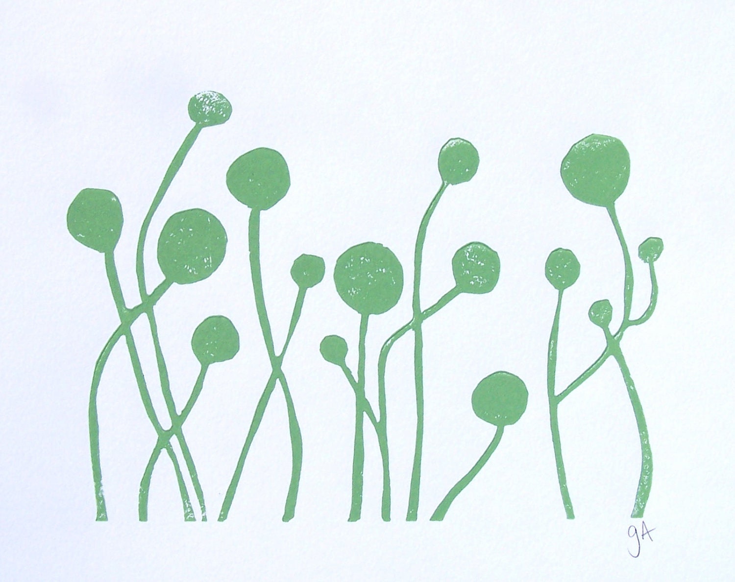 LINOCUT PRINT - Mint green flowers -  block print letterpress poster 8x10