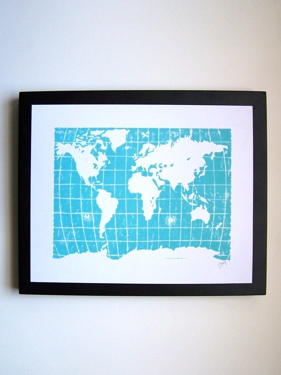 PRINT - world map - robins egg blue linocut 8X10 letterpress poster