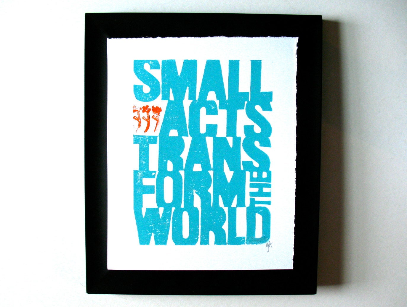 LINOCUT PRINT - Small acts BLUE typography letterpress poster 8x10