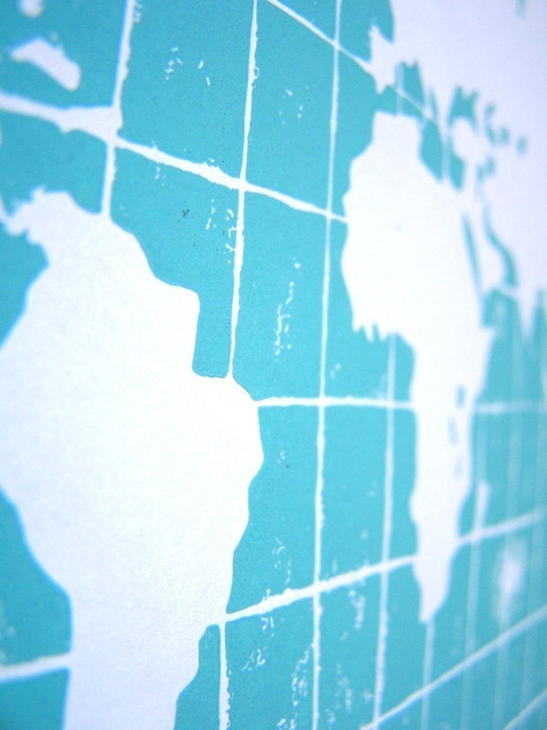 PRINT - world map - robins egg blue linocut 8X10 letterpress poster