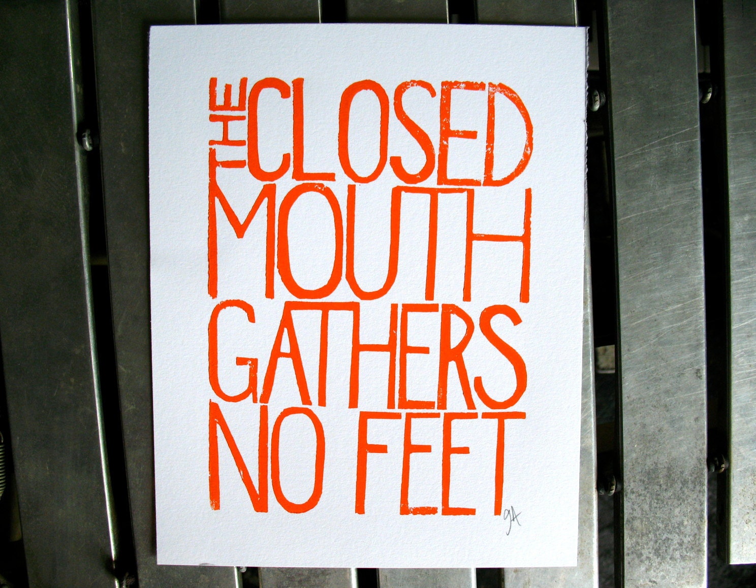 LINOCUT PRINT - The closed mouth ORANGE typography letterpress poster 8x10