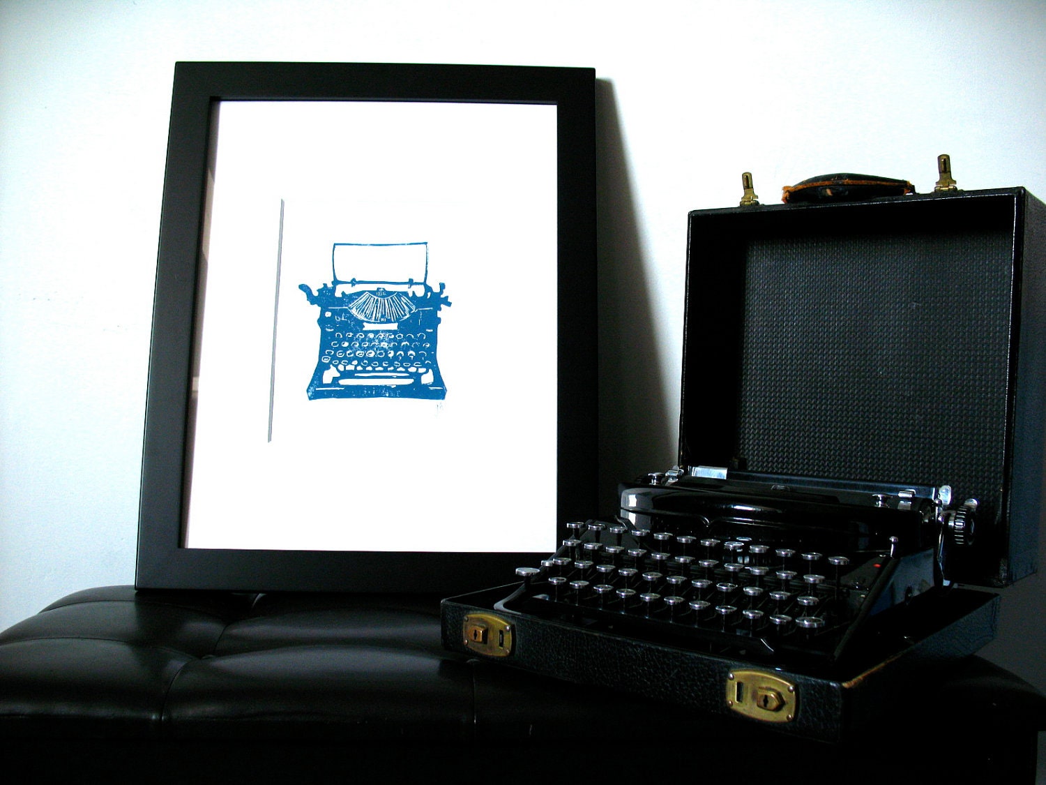 LINOCUT PRINT - Antique typewriter BLUE letterpress poster 8x10