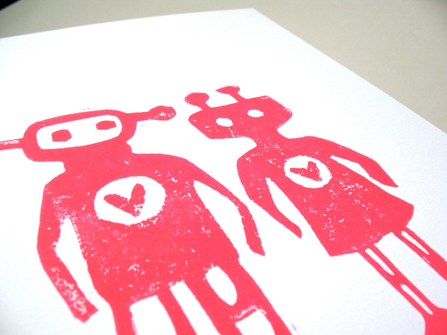 LINOCUT PRINT - Robots in love LETTERPRESS hot pink valentine print 8x10