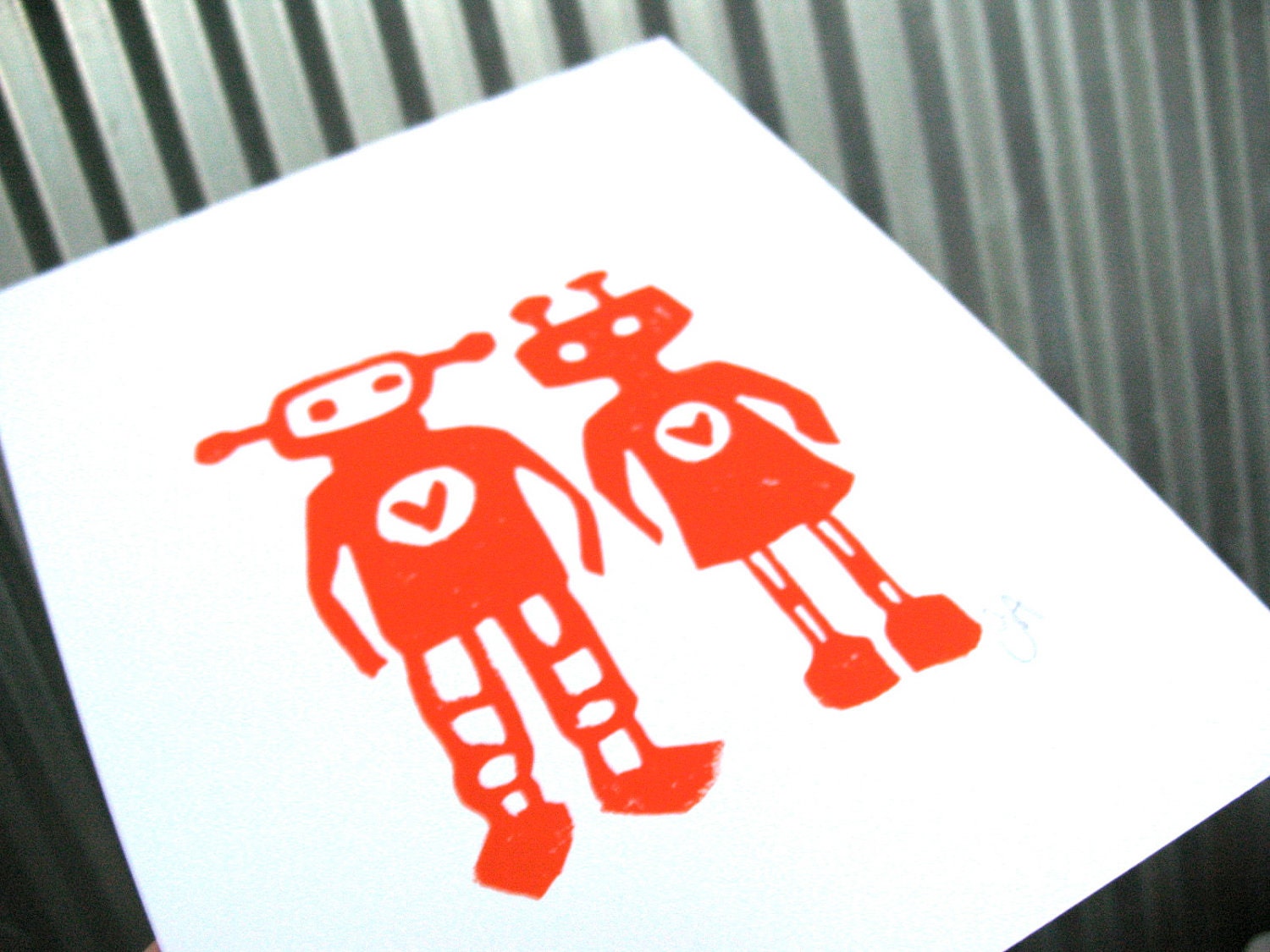 LINOCUT PRINT - Robots in love ORANGE letterpress valentine poster 8x10