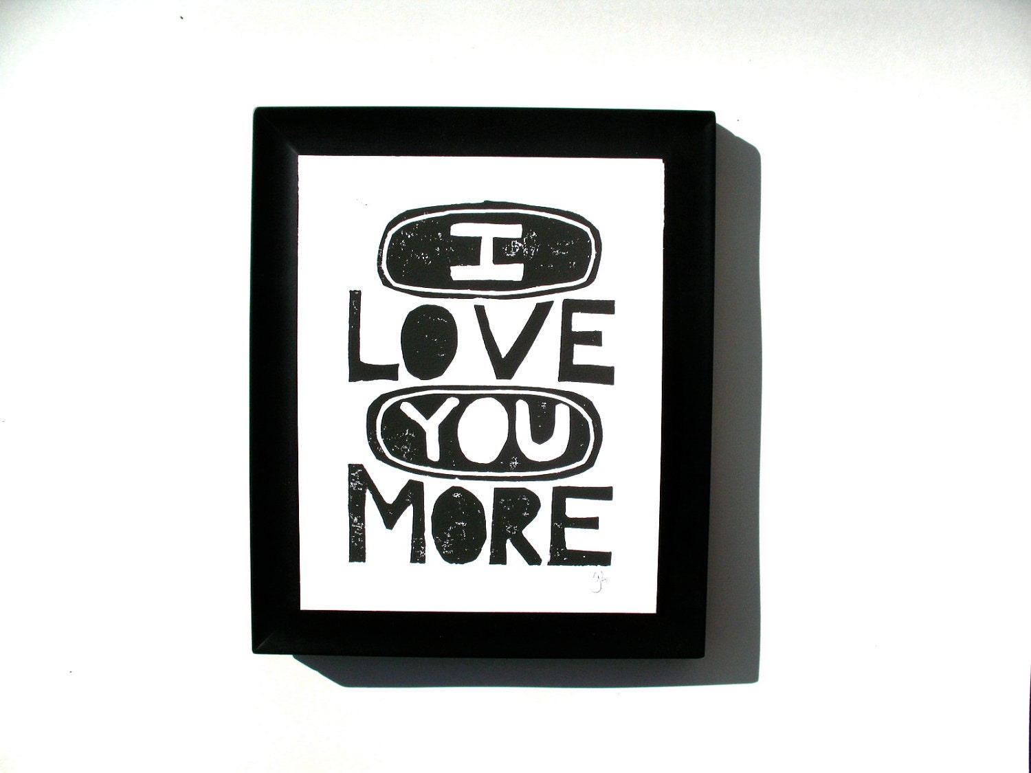 LINOCUT PRINT - I love you more 8x10 black linocut typography valentine poster