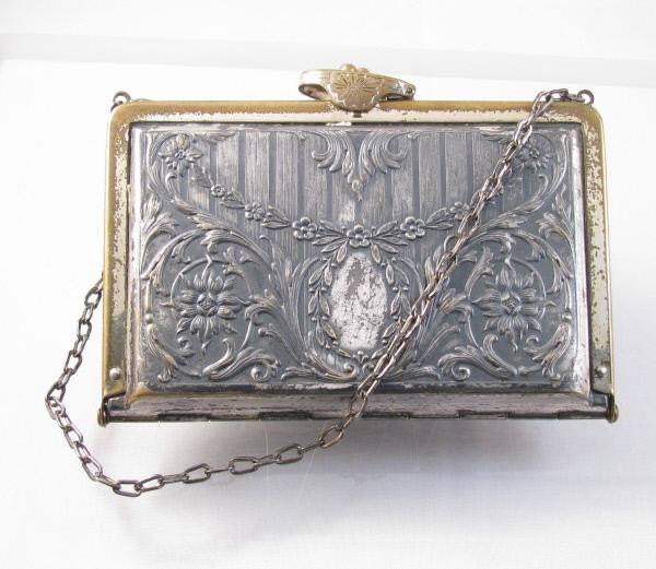 1920s silver and brass floral repoussee evening wallet purse