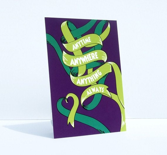 Anytime Anywhere Anything Postcard. Going Away Card. Purple Green Ribbon. Art Print. Quote Card. Bff Friend Card. Moving Postcard.