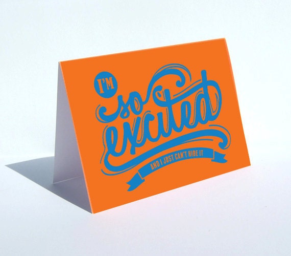 Announcement Card, So Excited Greeting Card, Orange Bright Blue