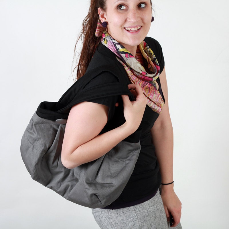 Shop Closing Clearance - was 49 - Posh Diva 3 Button Pleated Handbag in Grey and Black High Quality Twill