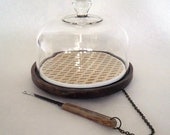 VINTAGE GLASS CLOCHE COVERED CHEESE TRAY WITH DETACHABLE CUTTING KNIFE