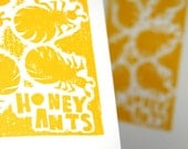 Hand Pulled Print, Raw Art Letterpress, Cute Honey Ants, Australia, Wall Art, Printmaking, Relief Print, Tyography