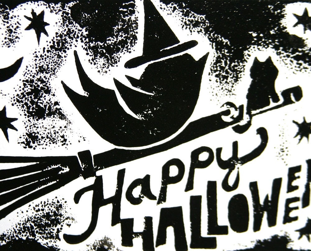 Halloween Witch Bird on Broomstick with Black Cat Happy Halloween SALE