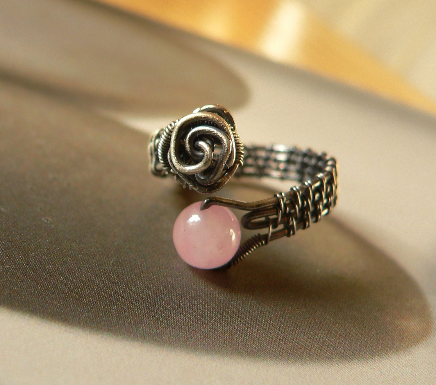 Rose - Rose Quartz Sterling Silver Handcrafted Wire Wrapped Ring, OOAK jewelry