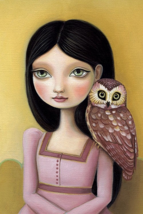 Owl art big eye girl - Evelyn 13x19 LARGE print on somerset velvet woodland pop surrealism by Marisol Spoon