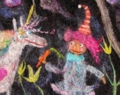 Colorful Sparkly Felted Girl & Unicorn in the Forest of Forever Rug