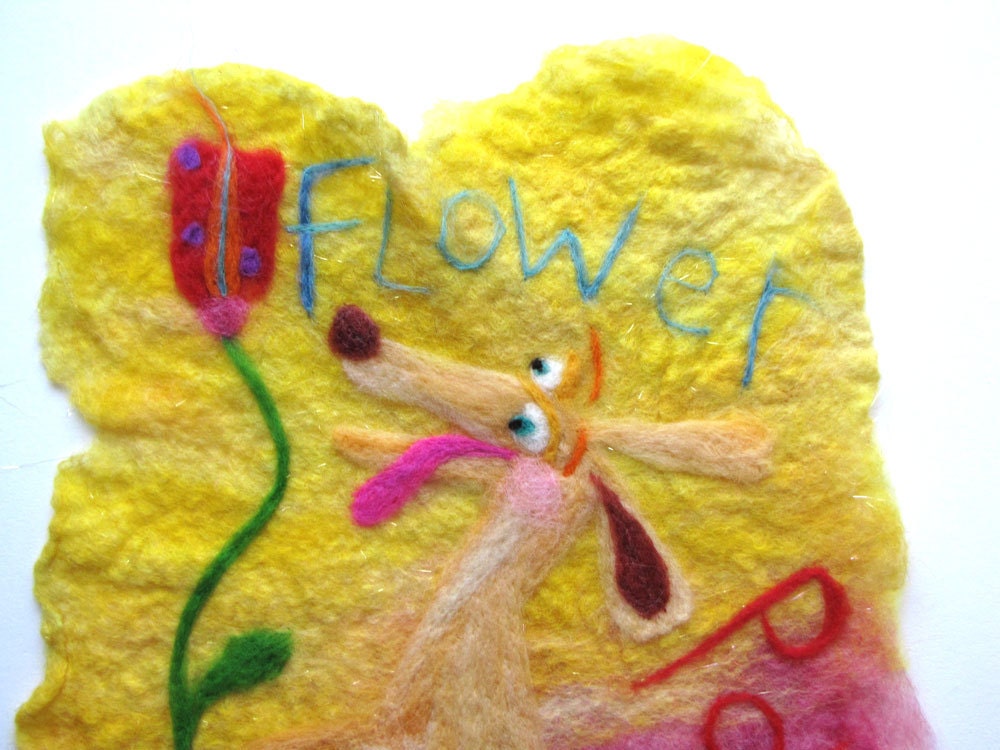 Needle Felted Flower Power Yellow Dog Wall Hanging