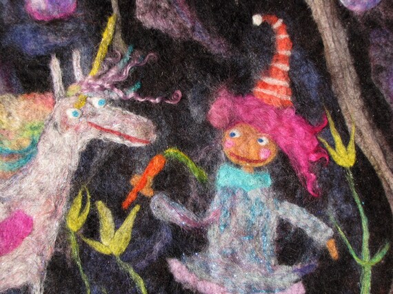 Colorful Sparkly Felted Girl & Unicorn in the Forest of Forever Rug