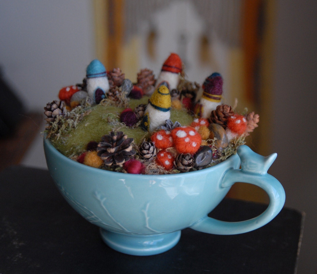 Tiny Fairy Houses and Village, Waldorf Fairy Garden in a Cup, Needle Felted